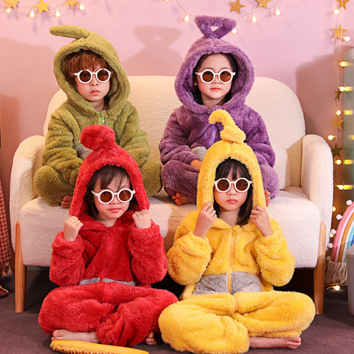 Autumn and winter children's flannel pajamas for boys and girls and baby anti-kick thickened coral velvet one-piece home clothes