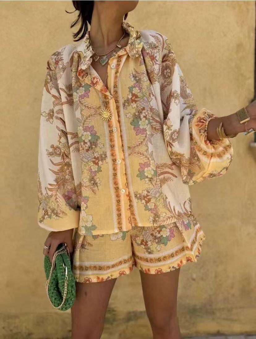 Palace Stand up Collar Puff Sleeve Single Placket Printed Shorts Set 13 Palace Stand Up Collar Puff Sleeve Single Placket Printed Shorts Set