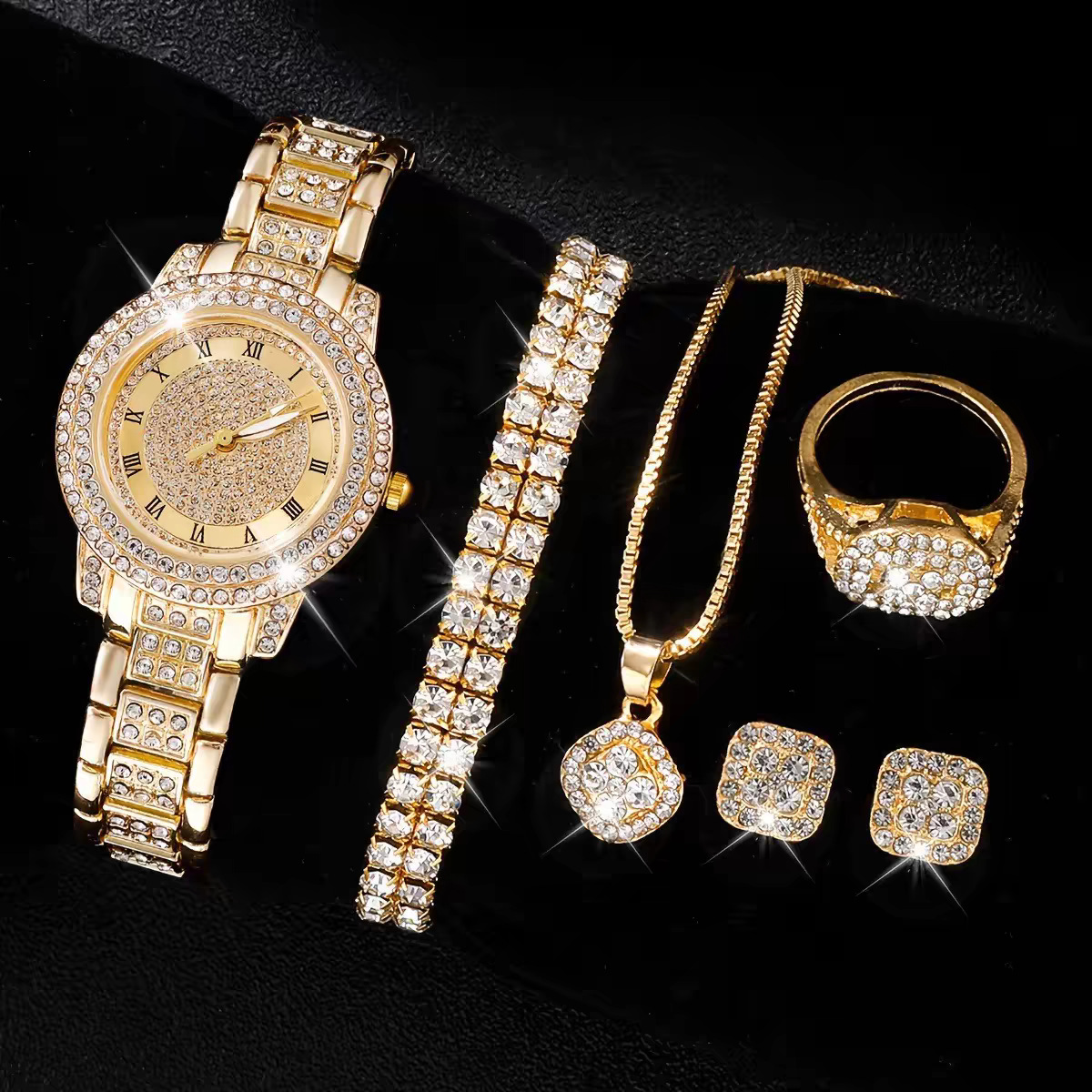 Gold watch + jewelry four-piece set