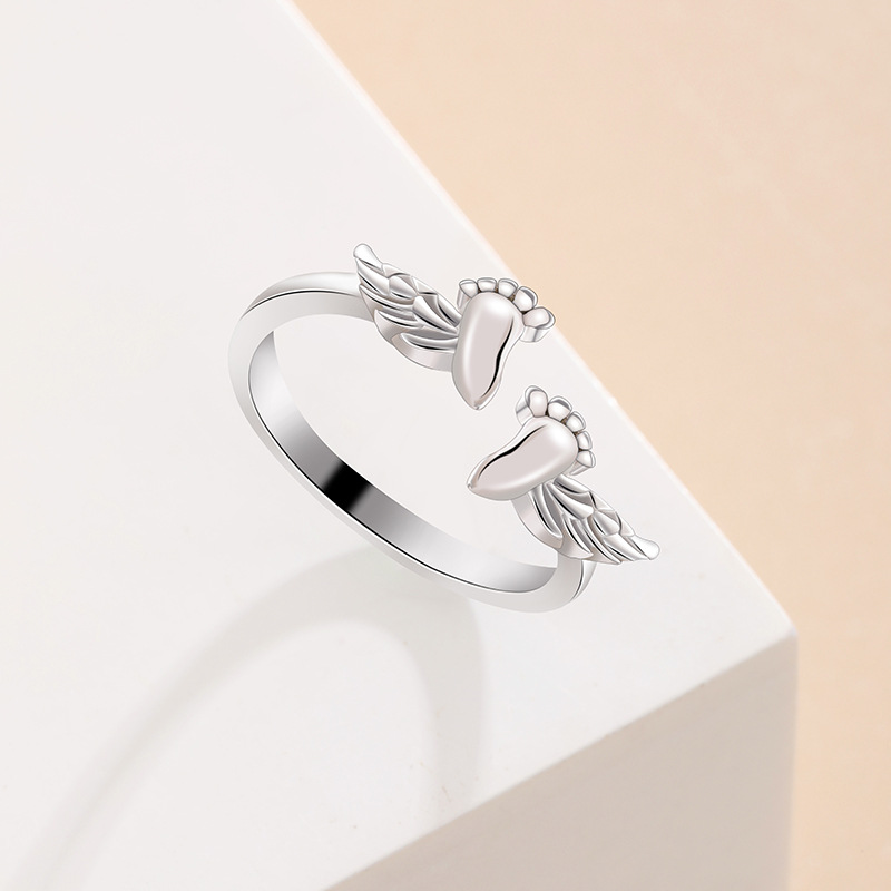 TEMU transfronterizo 925 plata esterlina huellas de alas anillo de huellas de alas nicho de diseño de anillo de dedo abierto para mamá