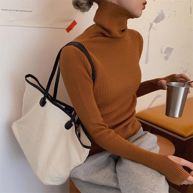 Gestapelde hoge kraag met een strak zittende trui voor dames herfst en winter 2023 Nieuwe westerse top met lange mouwen_voghion.com
