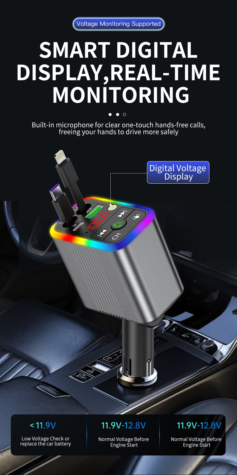 R3 car charger, Bluetooth MP3 receiver, starry sky ambient lighting, built-in retractable cable, fast charging, cross-border supply
