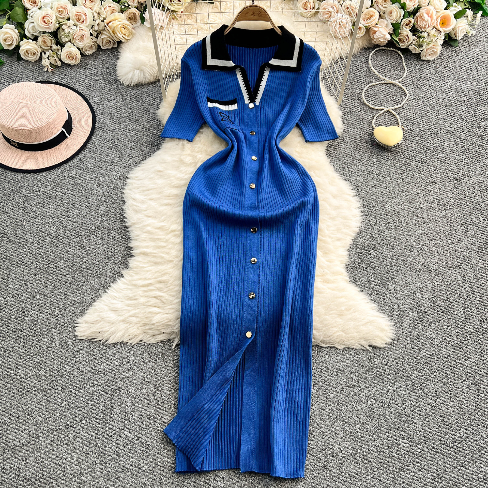 European And American Cross-border Polo Collar Slit Short-sleeved Letter-embroidered Long Dress, Waist-cinching Slimming_ecoleips.com