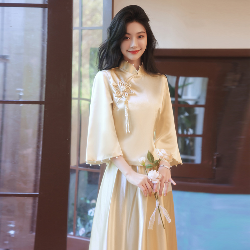 Champagne Bridesmaid Dress Chinese Cheongsam Satin Small Dress Wedding Sisters Spring Super Fairy Elegant Bridesmaid Dress