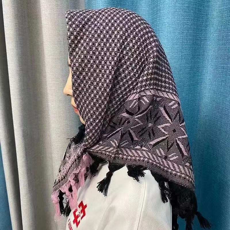 Mid-to-Old Age Rural Women's Woolen Square Scarf, Autumn/Winter Double Layer Embroidered Turban Scarf, Four-Sided Elderly Lady Scarf