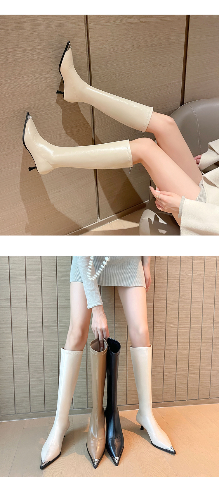 Bốt nữ cổ cao mũi nhọn kim loại co giãn, phong cách kỵ sĩ cao gót thon gọn — Màu kaki lót nhung chi tiết 24