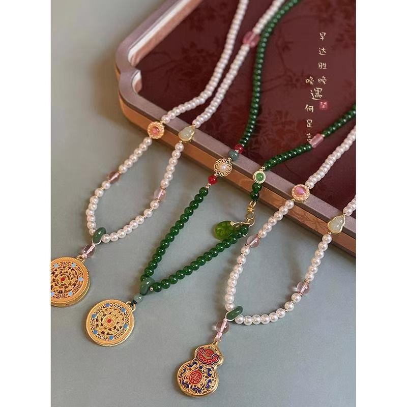 Vintage New Chinese Style Round Beaded Necklace for Women Hanfu Cheongsam Mamian Skirt Sweater Chain Fashion Ethnic Accessories
