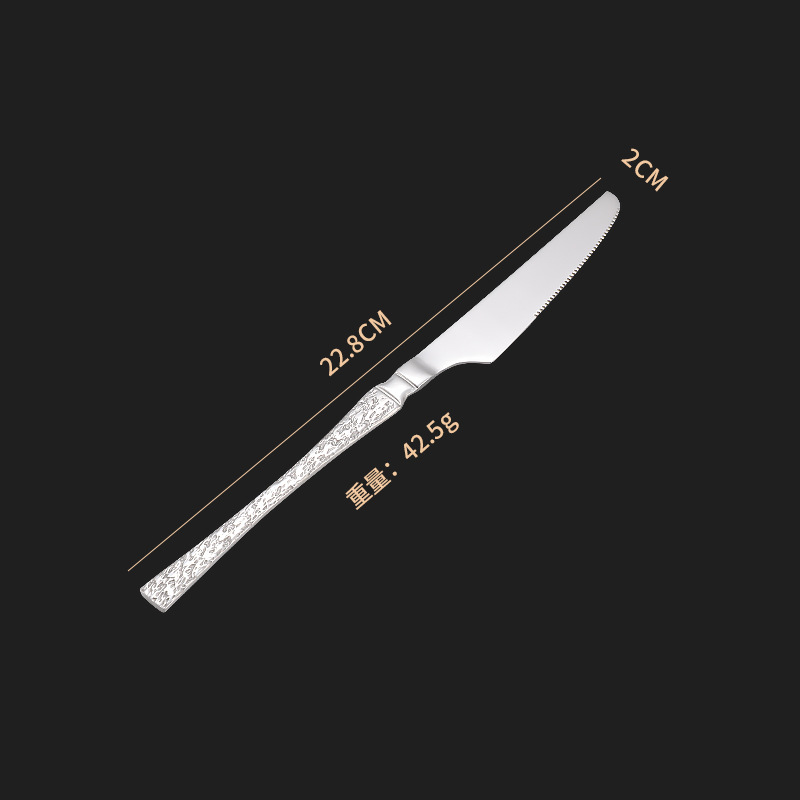 Acero inoxidable transfronterizo estampado de árbol pequeño cuchillo de cintura grueso cuchara cubiertos set martillo cuchillo de filete cuchara cubierta roja en línea