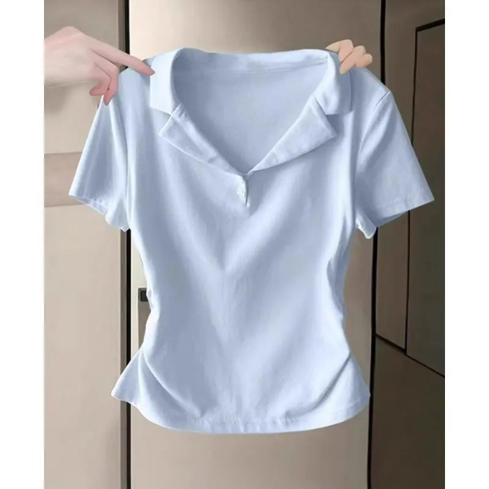 ドーパミンミルクイエローポロシャツ右肩半袖Tシャツ2025新作スリムウエストシックショートトップ女性用|undefined