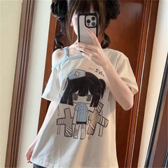 モーダル日本サブカルチャー漫画斜め肩半袖 Tシャツレディースルーズカレッジスタイル半袖トップ夏のトレンド