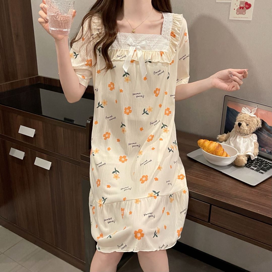 2024 pijama de mujer pijama de algodón de verano de manga corta encaje largo fresco ropa de hogar de estudiantes al por mayor