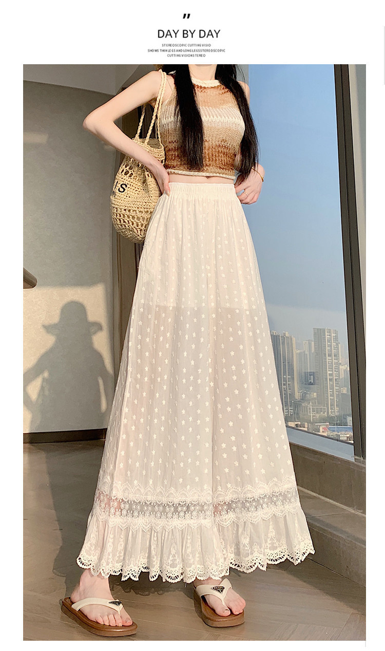 Quần culottes nữ ống rộng ren thêu rỗng cạp cao — màu trắng chi tiết 23