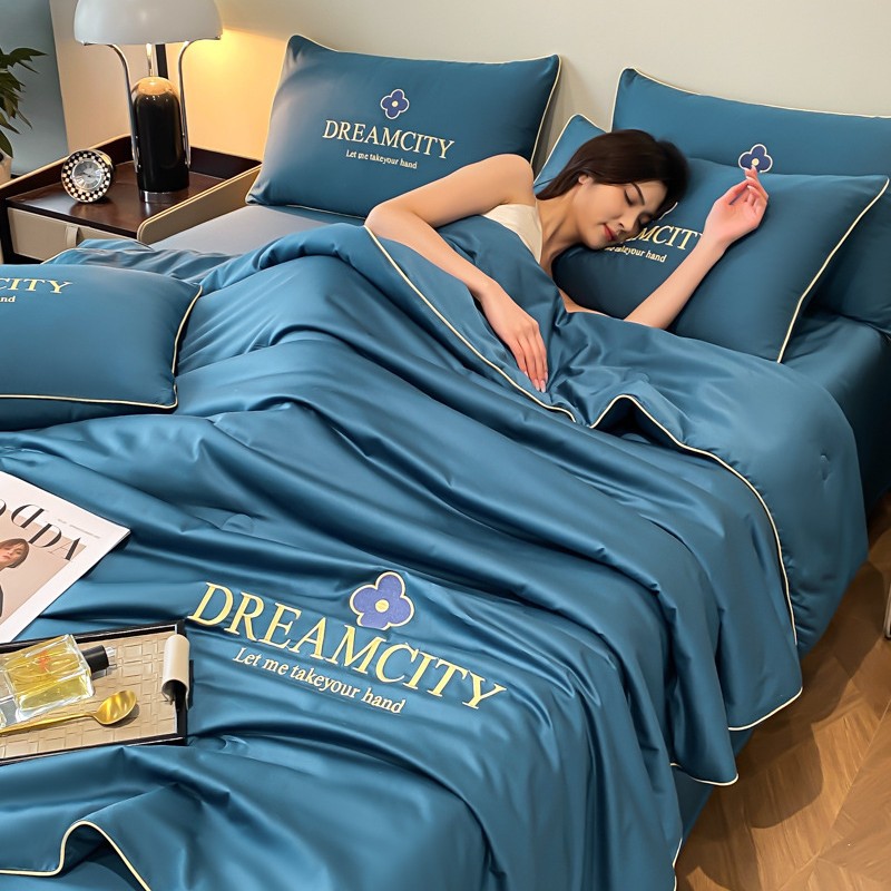 Class A Light Luxury Washed Silk Summer Cool Quilt Four-piece Embroidered Summer Quilt Cool Ice Silk Air Conditioning Quilt Wholesale for Hair