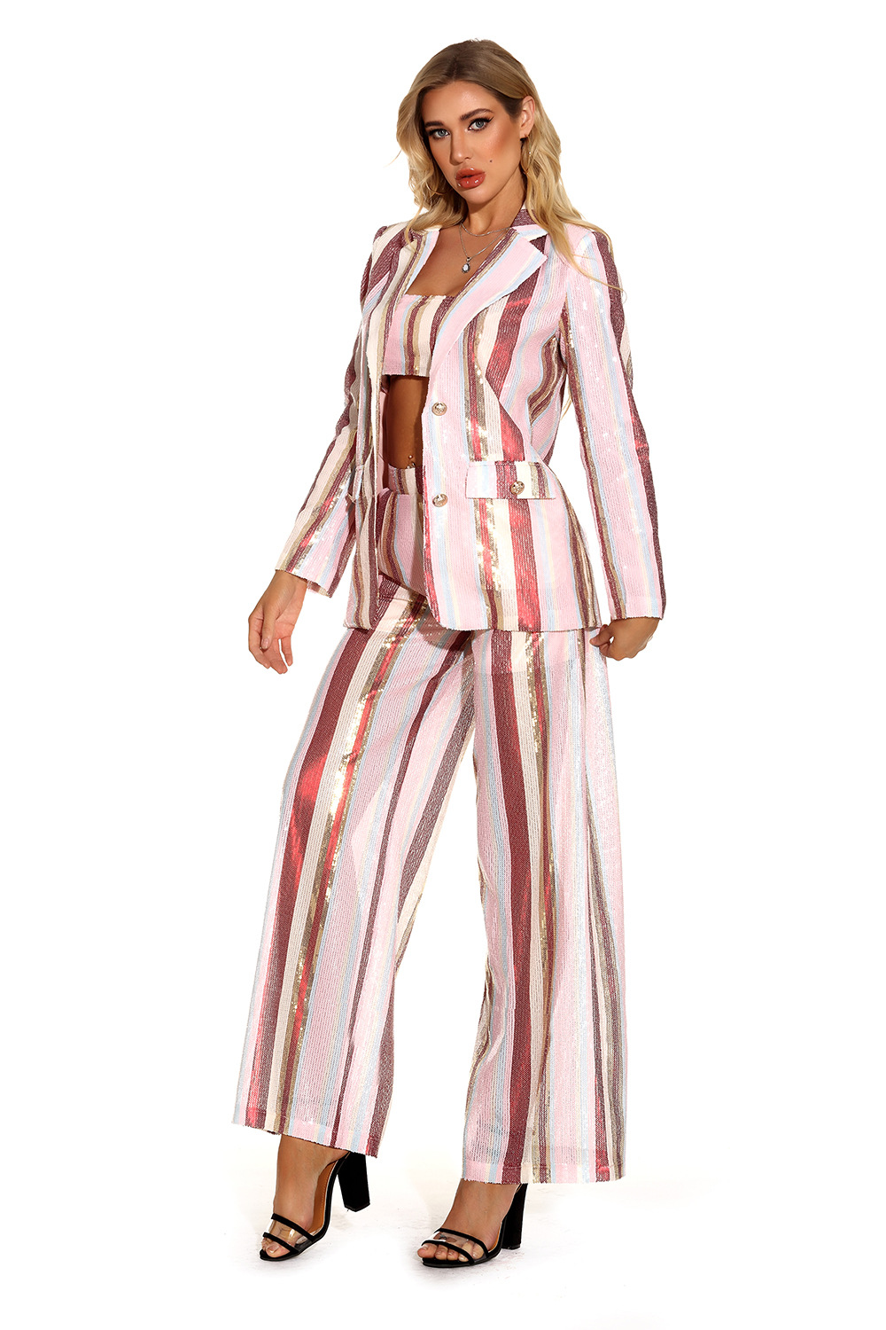 GraceChic GraceChic European And American New Three-Piece Set Early Autumn Fashion Women's Small Blazer Striped Casual Wide-Leg Pants_voghion.com