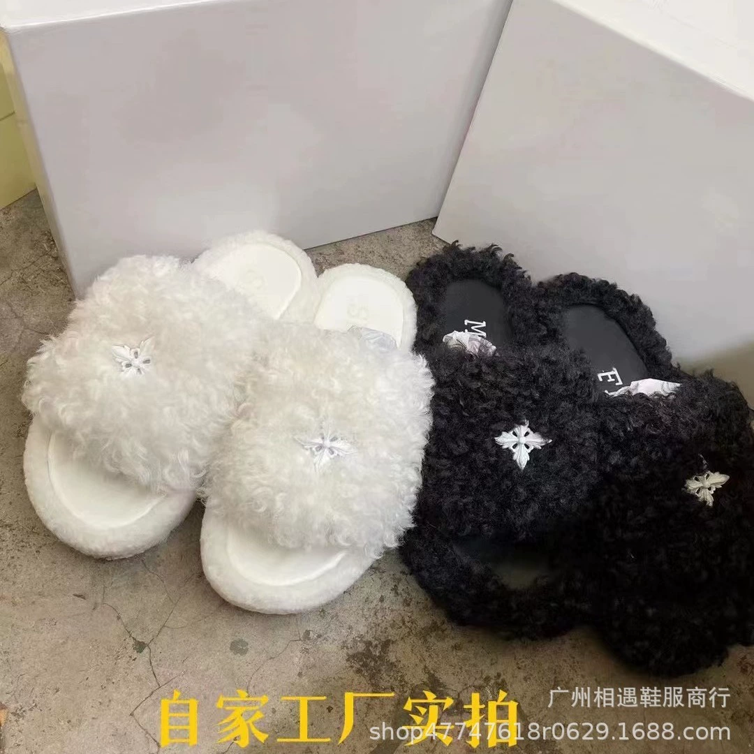 Длинные плюшевые тапочки с крестом для женщин, осень и зима 2023, новые стильные меховые домашние тапочки для женщин, черные тапочки на толстой подошве, национальный тренд