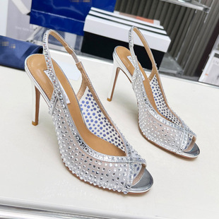 European and American Mesh Hot Drilling Sandals Women's 2025 Spring and Summer New Open Toe Breathable High Heels Fashion Stiletto Ribbon Cross-border