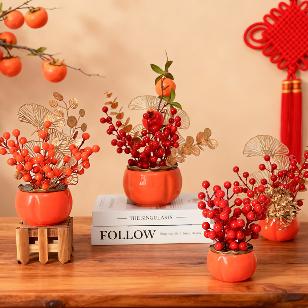 Flores de imitación de flores de fruta de riqueza de vacaciones de Año Nuevo decoración de casa de boda barril de caqui ornamentos de decoración de decoración