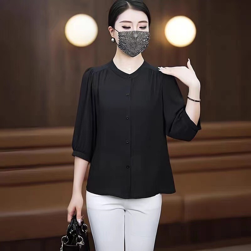 高端雪纺衬衣妈妈宽松夏季新款小衫七分袖纯色中袖薄款衬衫上衣女|undefined