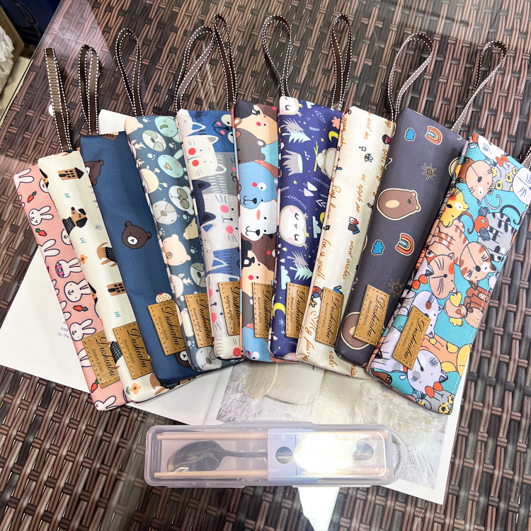 New Korean Style Waterproof Cartoon Student Office Worker with Rice Tableware Chopsticks Spoon Bag Storage Tableware Chopsticks Small Bag