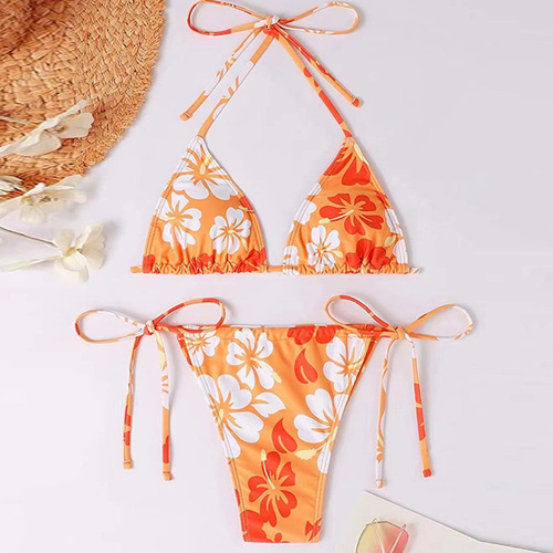 Summer European and American Print Straps Neck Tied High-Waisted Triangular Split Two-Piece Swimsuit Beach Bikini