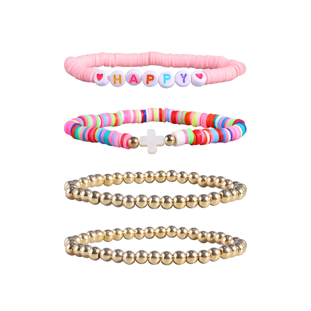 Bohemian Style Color Polymer Clay Bracelet Letter Happy Elastic Rope Golden Beads Bracelet Set