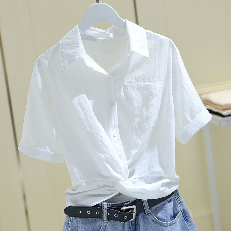 Short-sleeved women's shirt, 2026 summer new collection, Korean-style loose-fitting, pleated, short white shirt for women, suitable for wearing as an outer layer