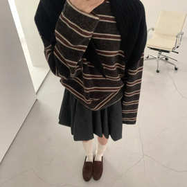 原版色织条 复古条纹圆领长袖t恤女秋季慵懒风宽松百搭上衣女ins