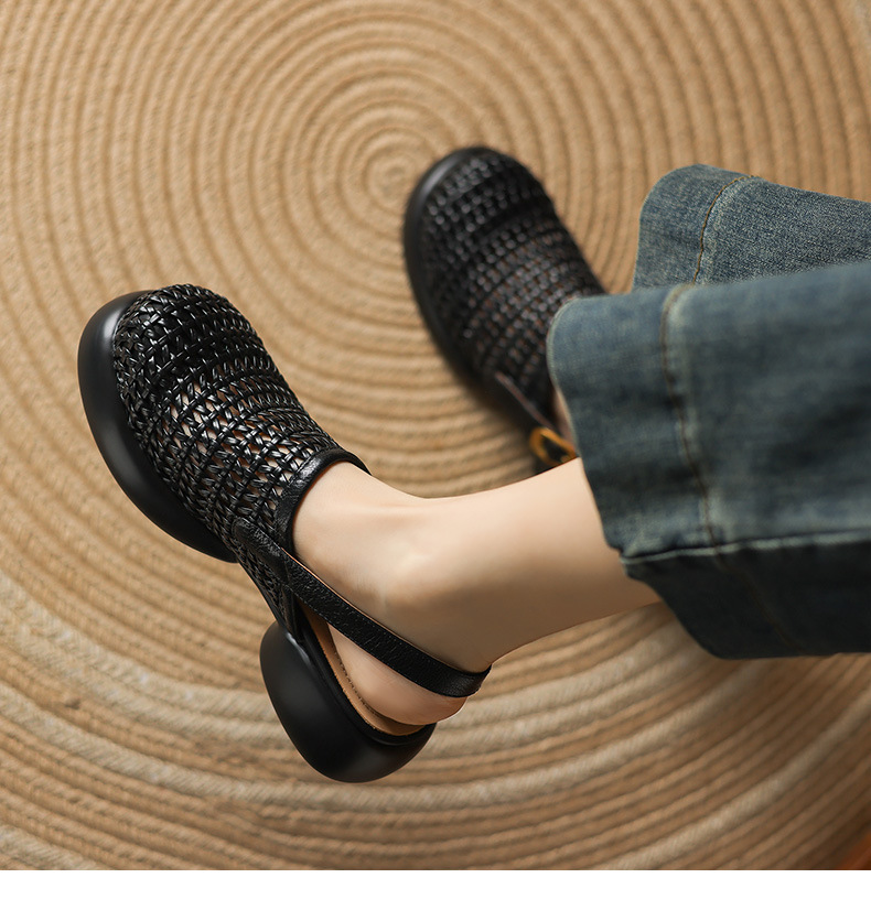 Sandal cao gót nữ đế dày gót vuông mũi hở phong cách La Mã — đen chi tiết 13