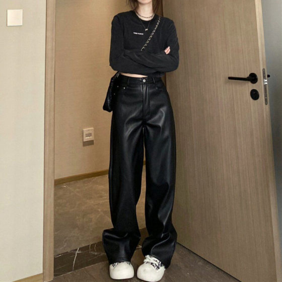 Pear-Shaped Figure PU Leather Pants Women's Autumn New plus size chubby girl Loose Straight Pants High Waist Slimming Wide Leg Pants
