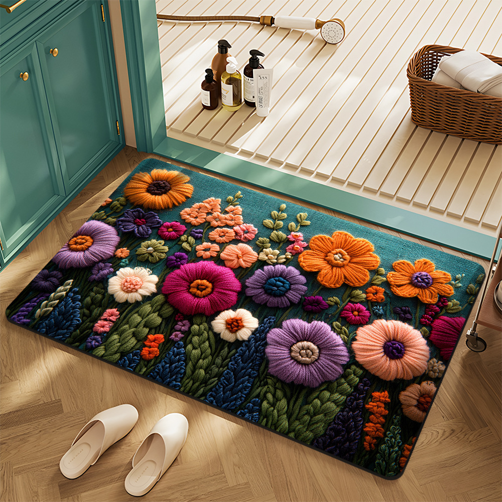 Cross-Border American Floral Crystal Velvet Floor Mats for Home Entrance, Stain-Resistant, Wear-Resistant and Easy-Care Floor Mats, Bathroom Non-Slip Floor Mats