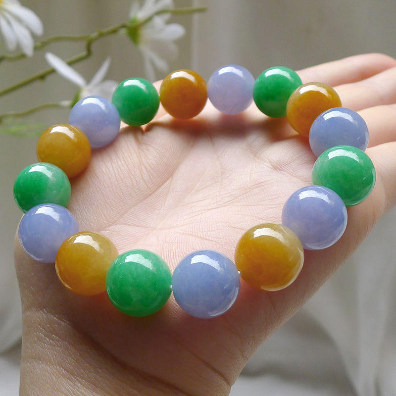 [Fast Delivery] High-end genuine goods Burmese Jade Ice Glutinous Tri-color Jade Female Ball Chain Bracelet Jade Bracelet Male