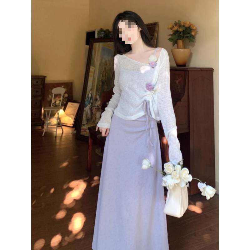 ファットmmパープルサスペンダースカート立体花竹綿アウターブラウス2025春夏超見栄えの良いドレススーツ|undefined