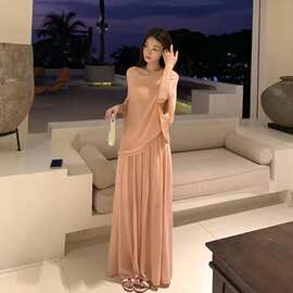 清冷女神感亚麻天丝两件套女T恤上衣半身长裙套装虾粉均码燕麦