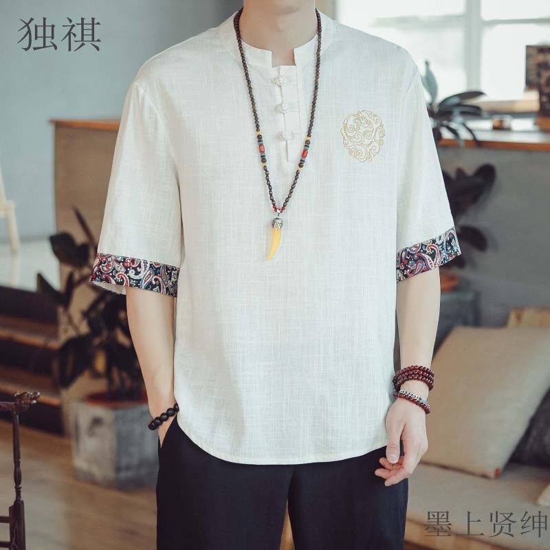 Chinese Style Coat Shirt Men's Short-sleeved Chinese Style Cotton and Linen Half-sleeved T-shirt Tang Suit Embroidered plus size Loose Shirt