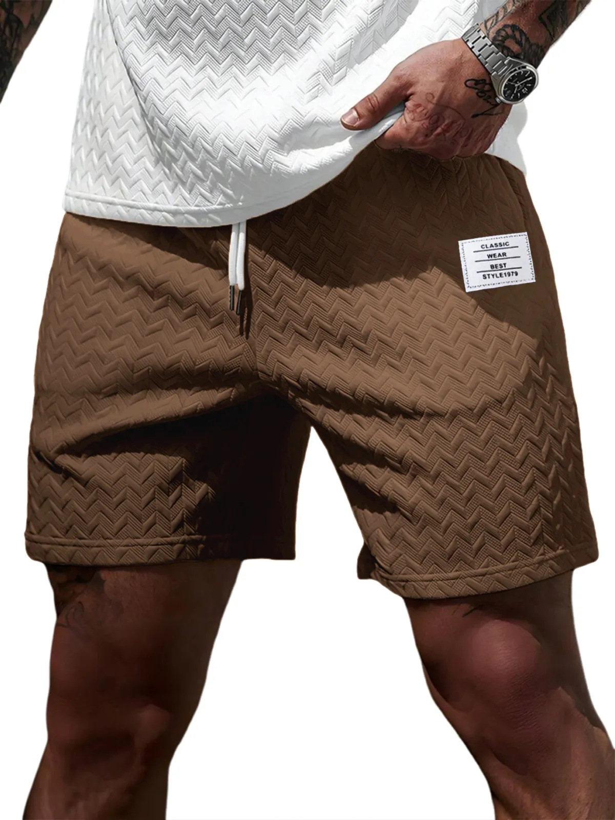 Short d'été décontracté pour homme, coupe ample, couleur unie, tissu jacquard, cordon de serrage, style plage, pour occasions formelles et décontractées._voghion.com