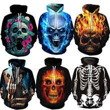 新款男士万圣节骷髅头帽衫3D数码印花卫衣街头时尚连帽衫卫衣