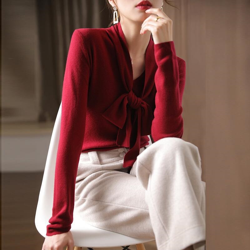 Red Lace-up Bow Sweater Women's Autumn and Winter Wool Base Shirt Women's Top Ribbon Sweater Age-reducing Fashion