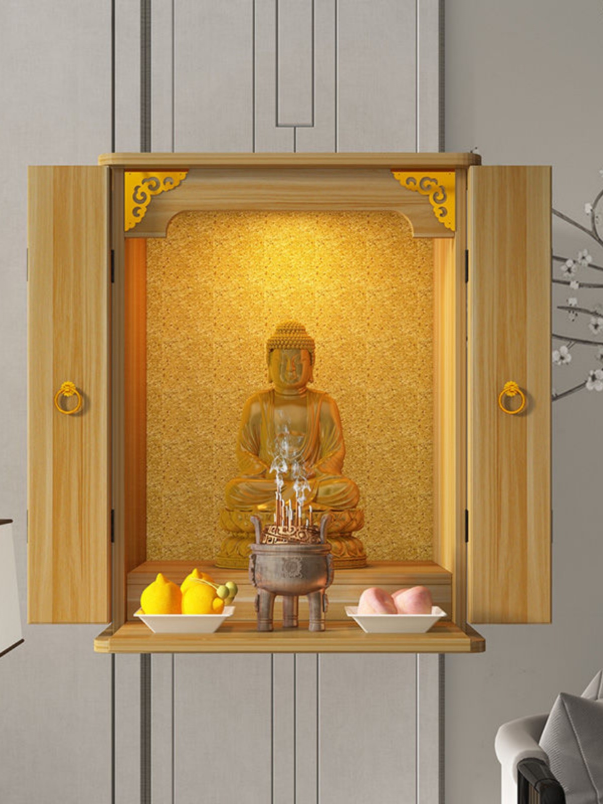 ✅ Wall-Mounted Household Buddhist Shrine with Door, Guanyin Altar, Simple Modern Cabinet, Wall Cabinet, New Chinese Style Shrine for Worship