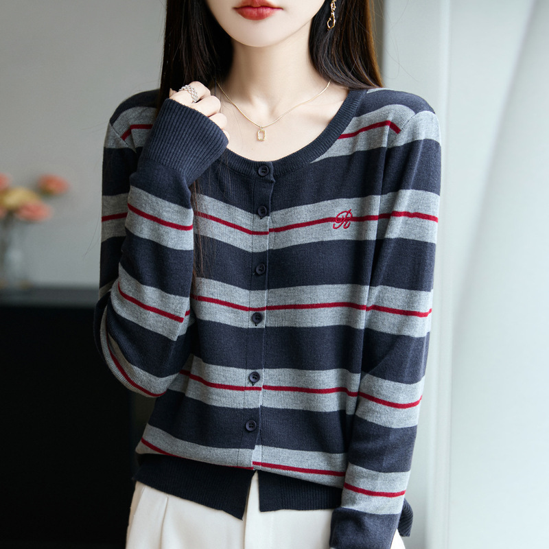 2025早秋新款显瘦针织衫外套女开衫拼色条纹刺绣长袖上衣女A7123|undefined