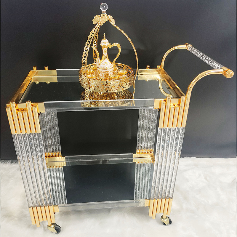中東ティーポットダイニングカーモバイルトロリーハイエンド収納カートホテルドリンクカートゴールデン多層鉄ダイニングカート|undefined
