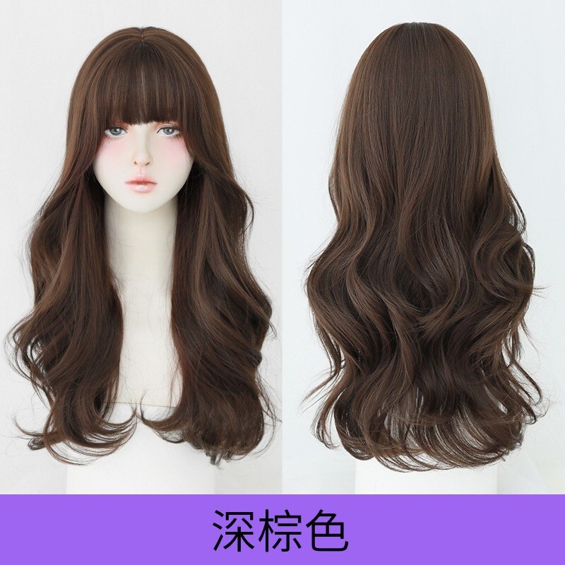 日系自然ふわふわロングカールかつら女性チー前髪カール大きい波かつらwigs化学繊維かつらカバー|undefined