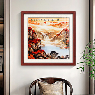 鸿运当头国画山水画办公室斗方挂画墙壁画客厅进门大气玄关装饰画-阿里巴巴