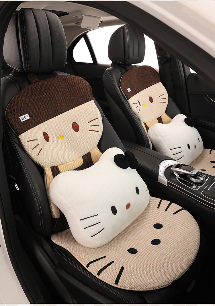 Four Seasons Linen Car Seat Cushion Cute Hat Cat Skin-Friendly Breathable Rear Seat Single Universal Seat Cushion Seven-Piece Set