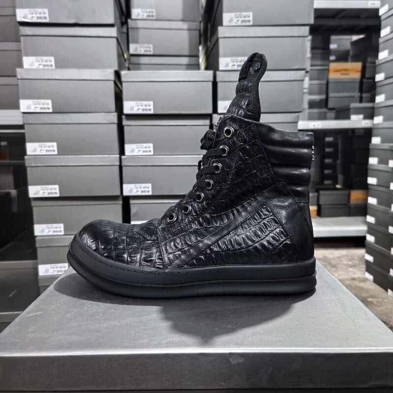 Ro Inverted Triangle High-Top Men's Shoes, Genuine Leather Crocodile Pattern Thick-Soled Trendy Shoes, Dark High Street Style Couple's Sneakers Ro Inverted Triangle High-Top Men's Shoes, Genuine Leather Crocodile Pattern Thick-Soled Trendy Shoes, Dark High Street Style Couple's Sneakers