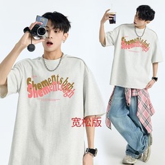 夏用厚手320g半袖Tシャツ メンズ トレンドブランド 発泡プリント 五分袖トップス おしゃれで万能な半袖Tシャツ