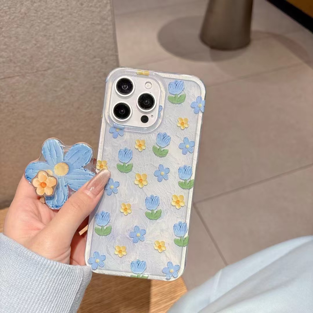 Flores de pintura al óleo frescas de verano para Apple 15ProMax funda para teléfono móvil 16Pro azul 14/13 Diversión 16