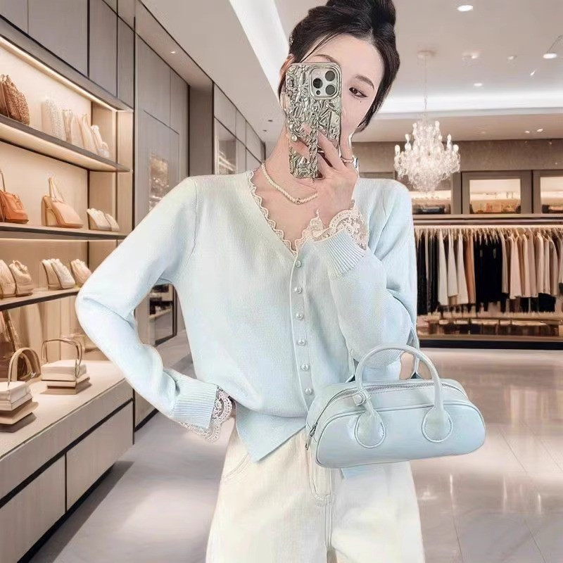 French-style casual versatile knit sweater, 2026 autumn vibe lace patchwork cardigan top jacket French-style casual versatile knit sweater, 2026 autumn vibe lace patchwork cardigan top jacket
