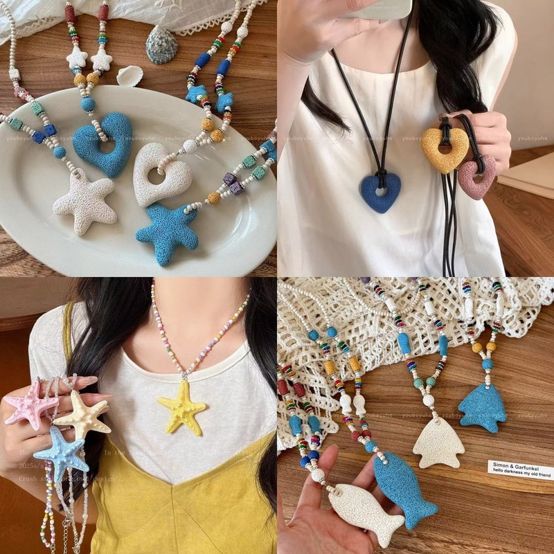 多巴胺长款串珠海星项链女夏天海边海岛度假风夸张黄色锁骨链配饰|undefined