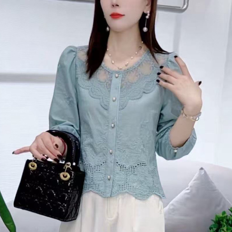 棉新款早秋七分袖衬衫女新款淑女小衫宽松甜美百搭上衣女杏色|undefined