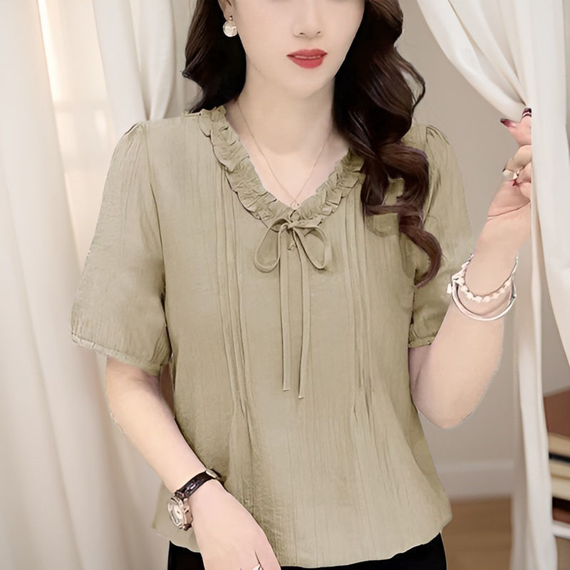 Fashionable Age-Reducing Loose Lace Collar Shirt for Women Summer New Style Ladies Short-Sleeved Fashionable Slim Shirt Top